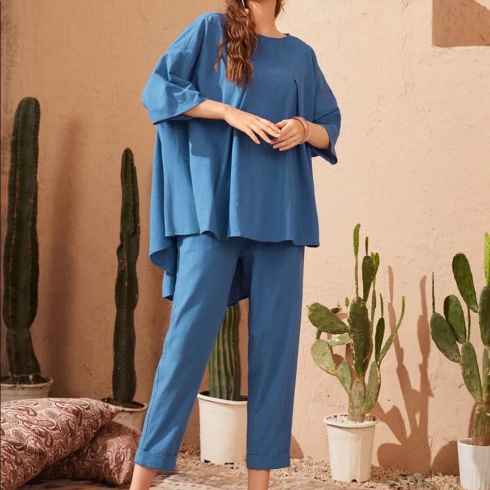 New! Matching set Blue High Low Tee & Roll Up Hem Pants CoOrd